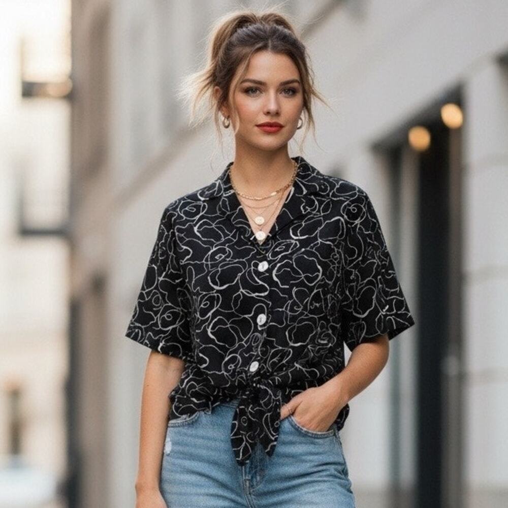 Very J Abstract Line‑Print Tie‑Front Blouse